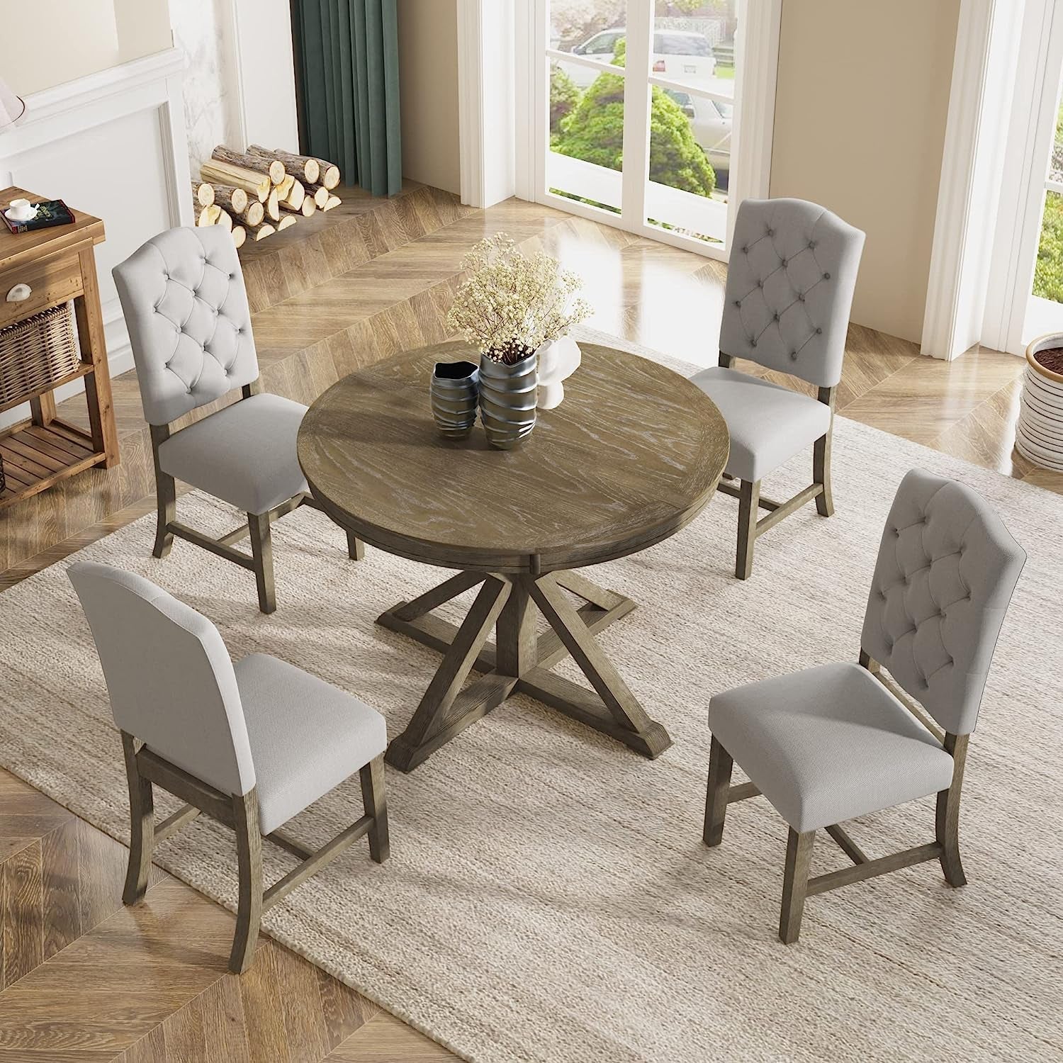 Farmhouse 5-Piece Dining Table Set with Extendable Table and 4 Comfortable Upholstered Chairs-0