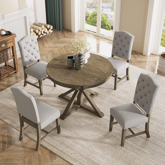 Farmhouse 5-Piece Dining Table Set with Extendable Table and 4 Comfortable Upholstered Chairs-0