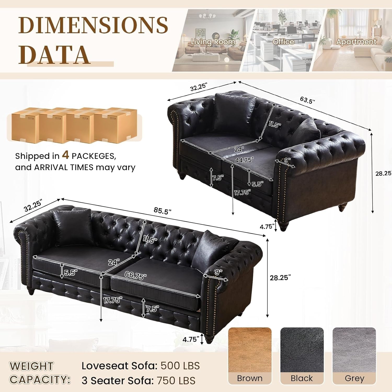 2 Piece Living Room Sofa Set,Button Tufted Couch and Loveseat Set with Nailhead Trim&Roll Armrest,Upholstered Mid Century Modern Couch,Chesterfield Sofa for Living Room,Office(Loveseat+3 Seater,Black)-1