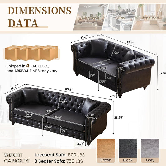 2 Piece Living Room Sofa Set,Button Tufted Couch and Loveseat Set with Nailhead Trim&Roll Armrest,Upholstered Mid Century Modern Couch,Chesterfield Sofa for Living Room,Office(Loveseat+3 Seater,Black)-1
