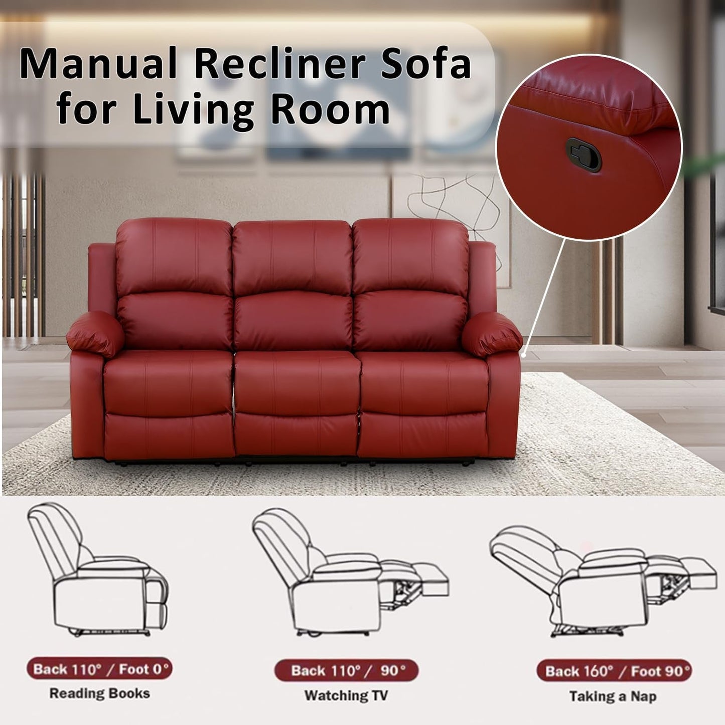 Manual Recliner Sofa Set, Bonded Leather Sofa Set Living Room Furniture, Reclining Sofa Set Leather Recliner Couch with Cup Holder/Storage Console for Living Room (3 Pieces Couch Set, Red)-2