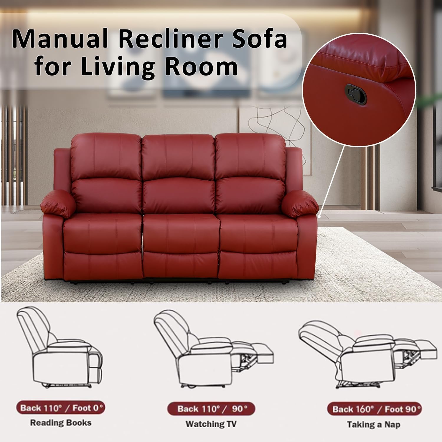 Manual Recliner Sofa Set, Bonded Leather Sofa Set Living Room Furniture, Reclining Sofa Set Leather Recliner Couch with Cup Holder/Storage Console for Living Room (3 Pieces Couch Set, Red)-2