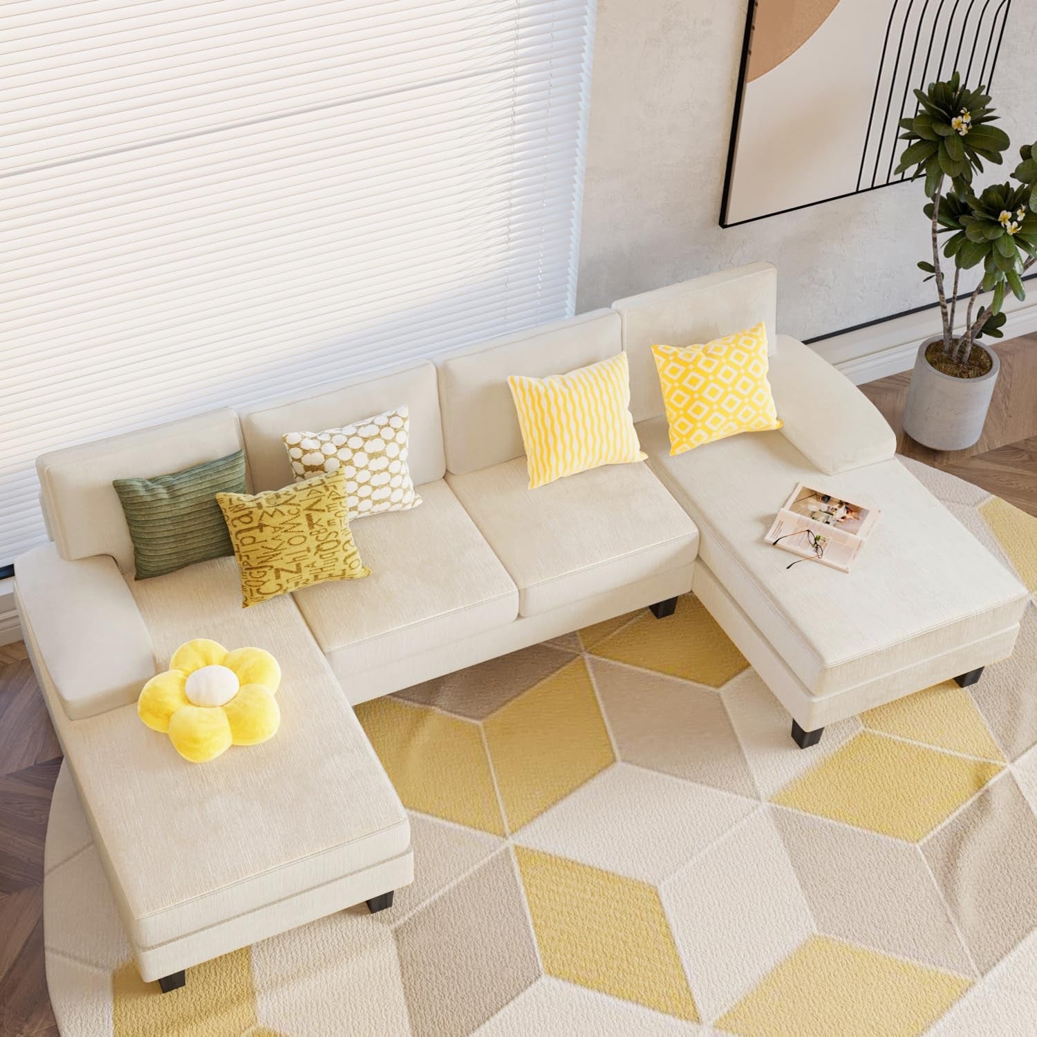 Convertible Sectional Sofa U-Shaped Couch with Soft Modern Cotton Chenille Fabric for Living Room, Oversized Seats with Comfortable Backrest, Beige White-3