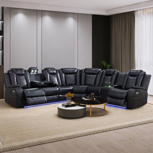 Black Leather Power Reclining Sectional Sofa，Sectional Couch with Recliner Living Room Set with LED Light/Read Light/Storage Console/Usb Port/Wireless Charge/Home Theater Seat-0
