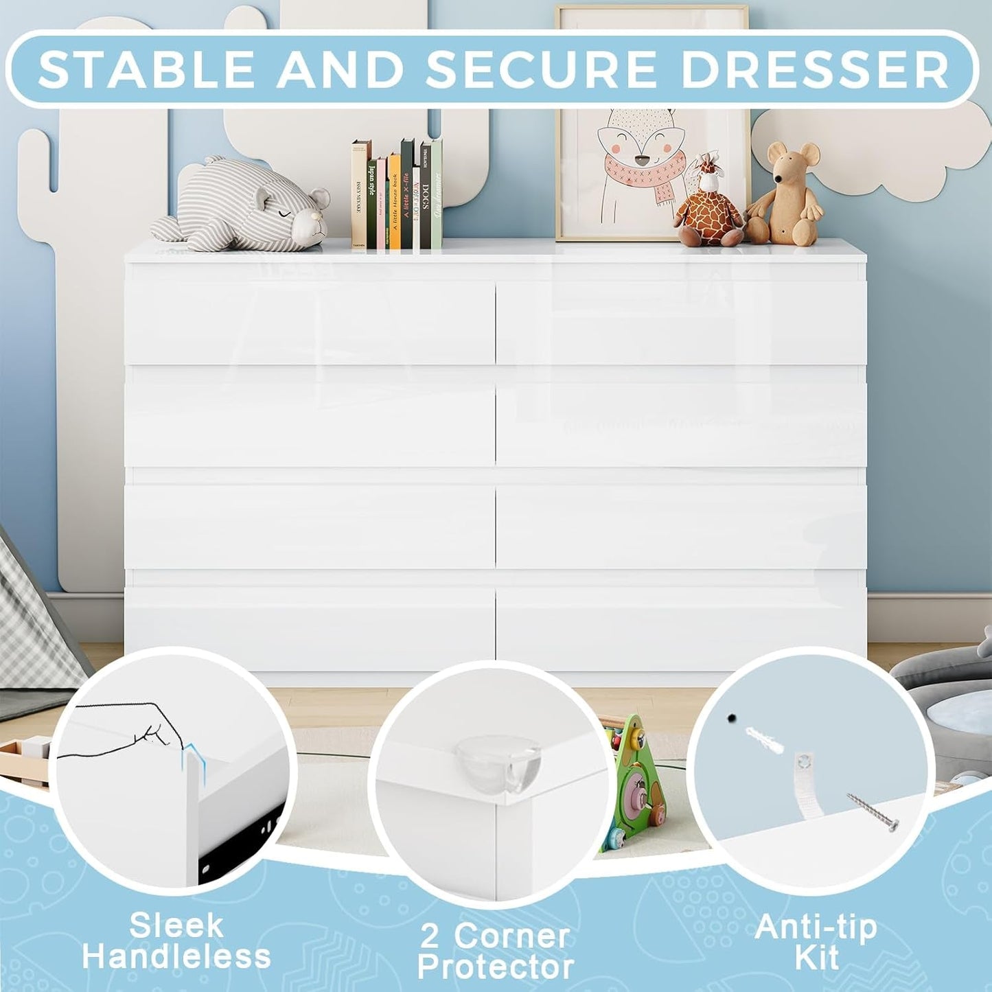 White Wood Dresser for Bedroom, 8 Drawer Dresser for Clothes Storage, Modern Dresser with Wide Drawers, Wide Wooden Chest Drawers for Living Room, Entryway, TV Stand(55" W X15.4 Dx32.3 H)-4