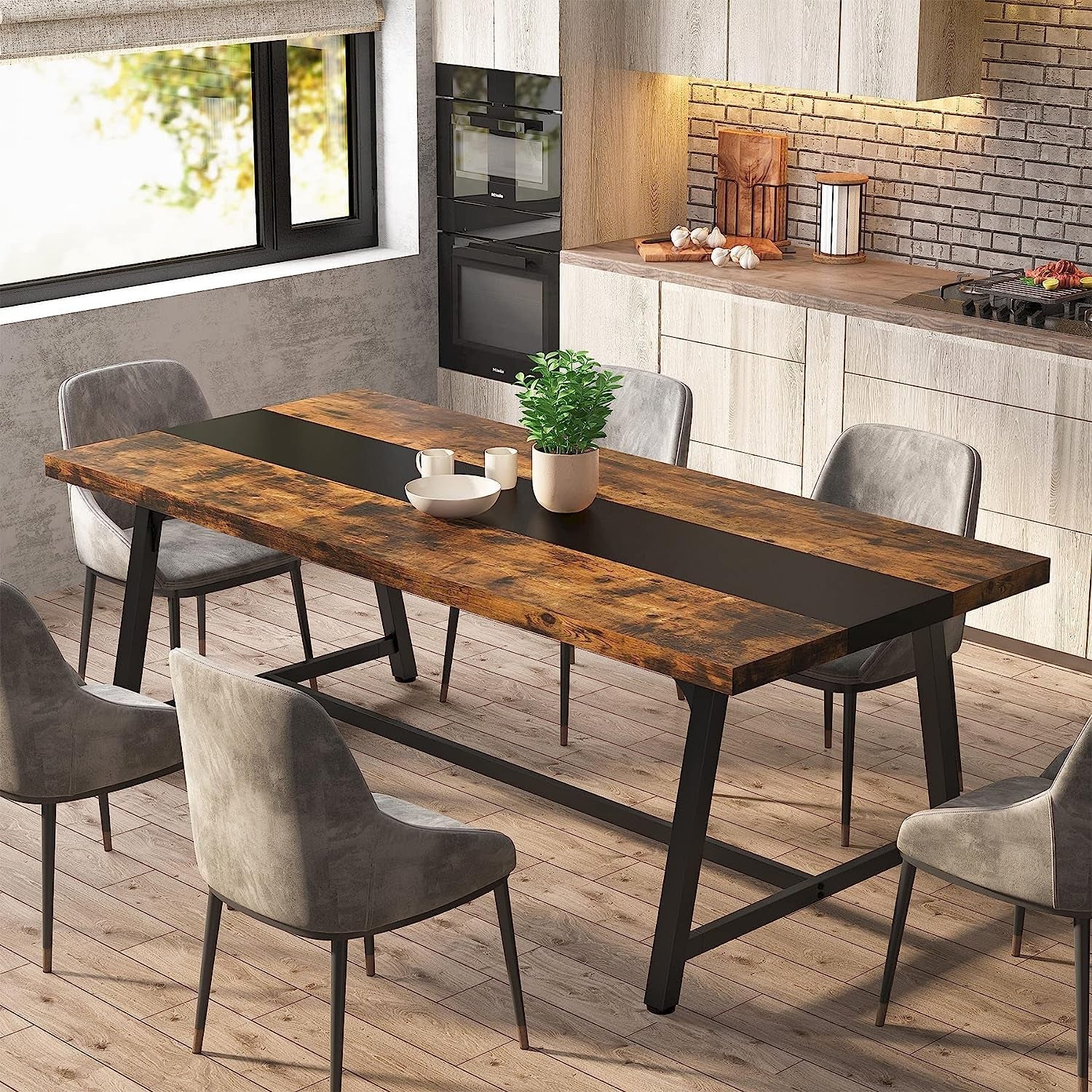 Dining Table for 8 People, 70.87-Inch Rectangular Wood Kitchen Table with Strong Metal Frame, Industrial Large Long Dining Room Table for Big Family (Rustic Brown)-0
