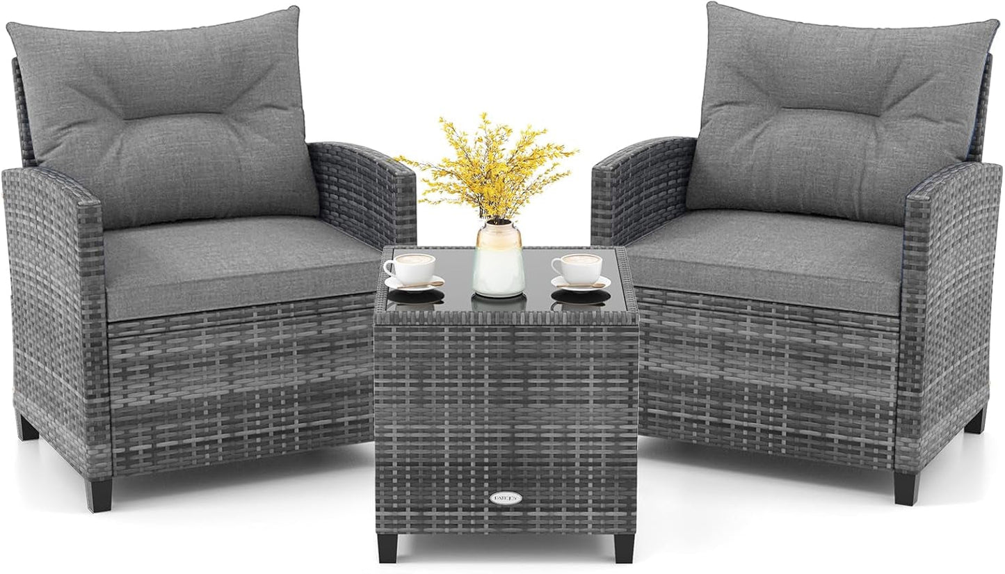 3 Piece Patio Furniture Set, Outdoor PE Rattan Conversation Set with Washable Cushions & Tempered Glass Tabletop, Wicker Chairs and Table Set for Porch, Garden, Balcony (Grey)-0
