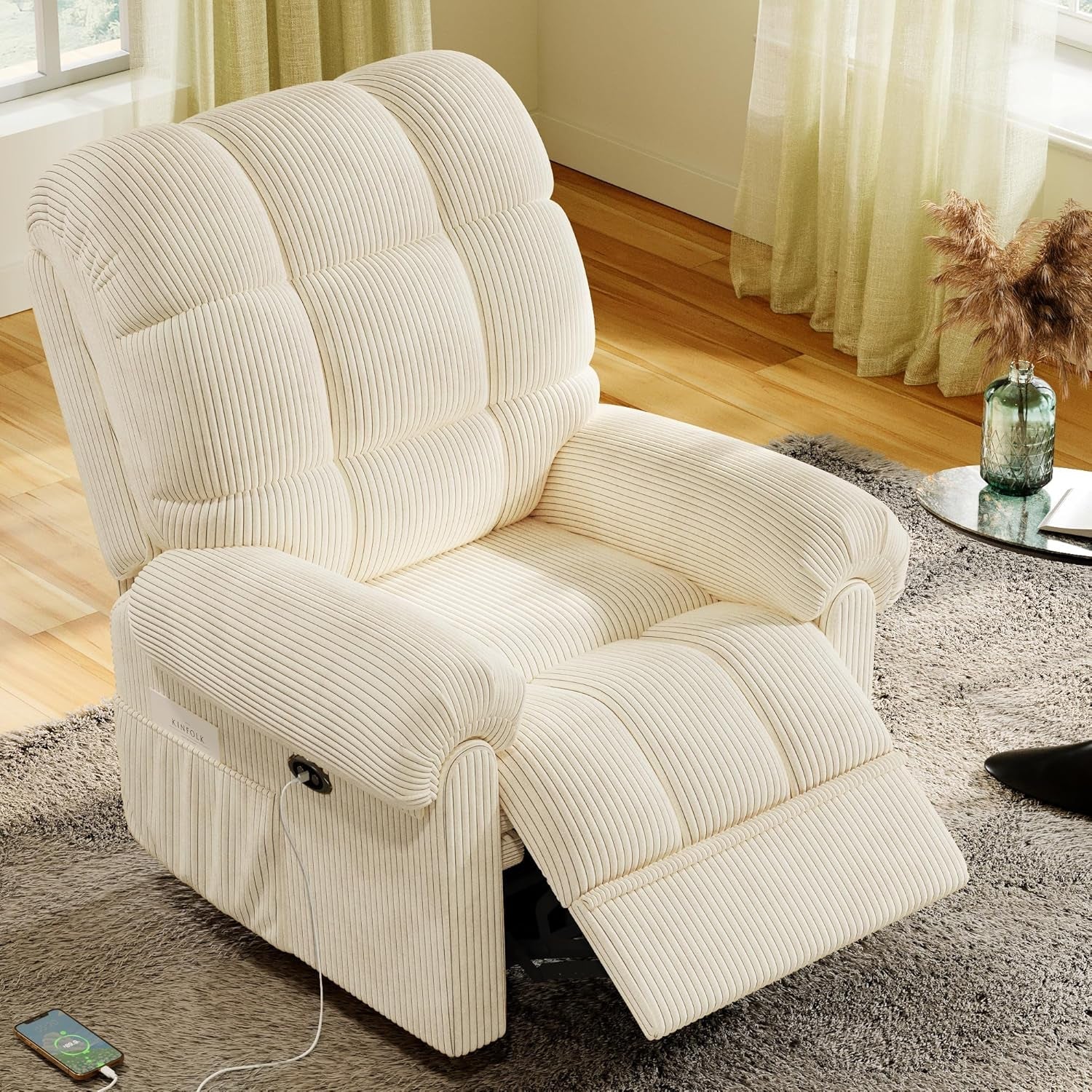 Upgraded 2024 New Power Recliner Chair for Adults, Adjustable Electric Chair Power Reclining Sofa, USB Port, Ultra-Comfy Corduroy Recliner for Living Room, Tool-Less Assembly Single Sofa White-0