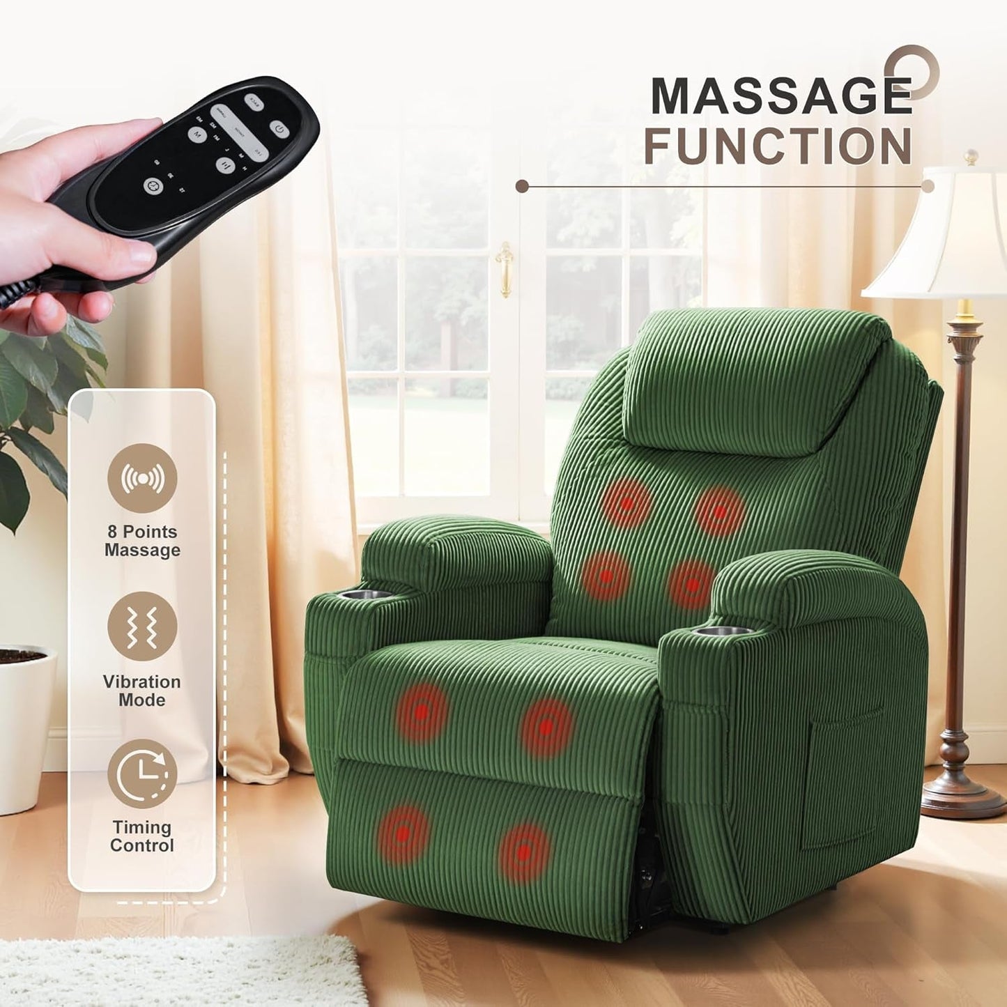 Power Lift Recliner Chair with Massage for Elderly Ergonomic Lounge Chair Classic Single Sofa with 2 Cup Holders Side Pockets Home Theater Seat (Corduroy, Green)-3