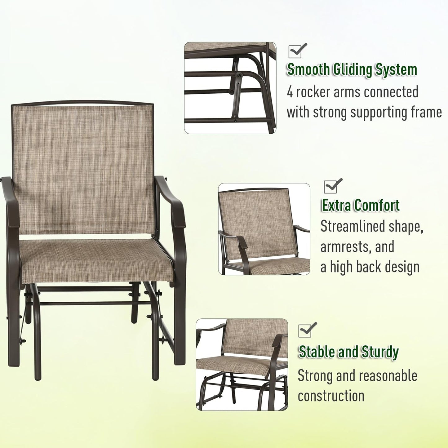 3 Piece Outdoor Glider Chair with Coffee Table Bistro Set, 2 Patio Rocking Swing Chairs with Breathable Sling Fabric, Glass Tabletop, for Backyard, Garden and Porch, Mixed Brown-3