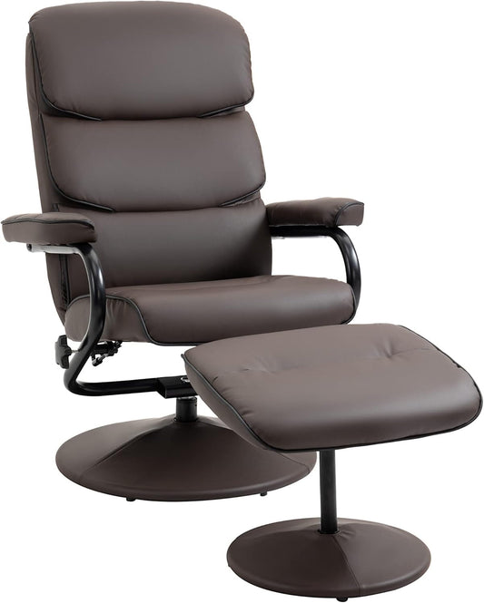 Recliner Chair with Ottoman, PU Leather Swivel High Back Armchair W/Footrest, 135° Adjustable Backrest and Thick Foam Padding, Brown-0