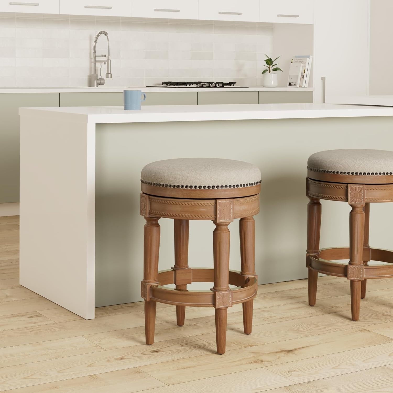 Pullman 26 Inch Tall Backless Weathered Oak Finish Counter Height Upholstered Barstool with Sand Color Fabric Cushion Seat-1