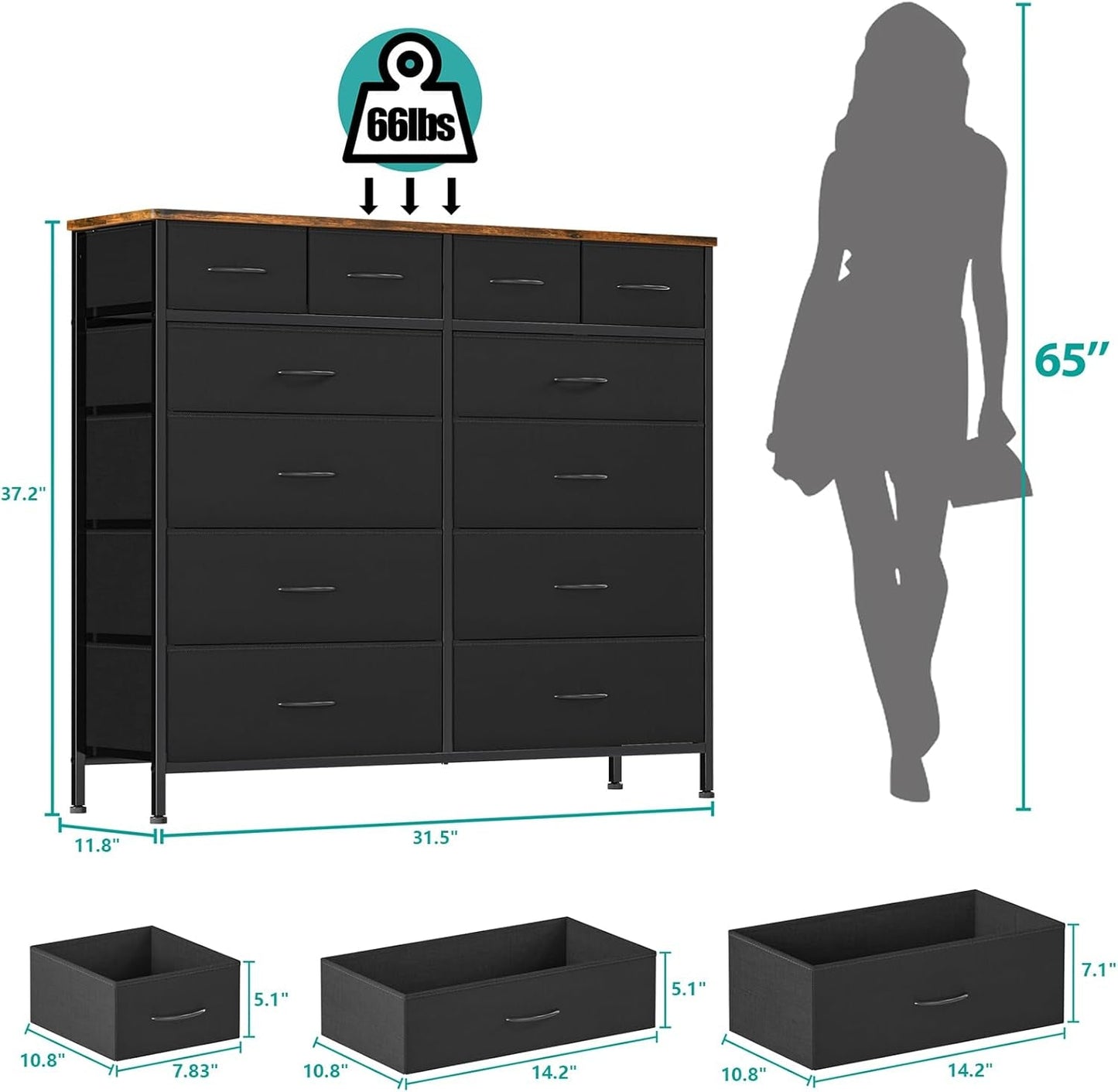 Dresser for Bedroom with 12 Drawers, Tall Fabric Drawer Dresser, Compact Chest of Drawers for Closet, Nursery, Bedside, Living Room, Laundry, Entryway, Hallway-2