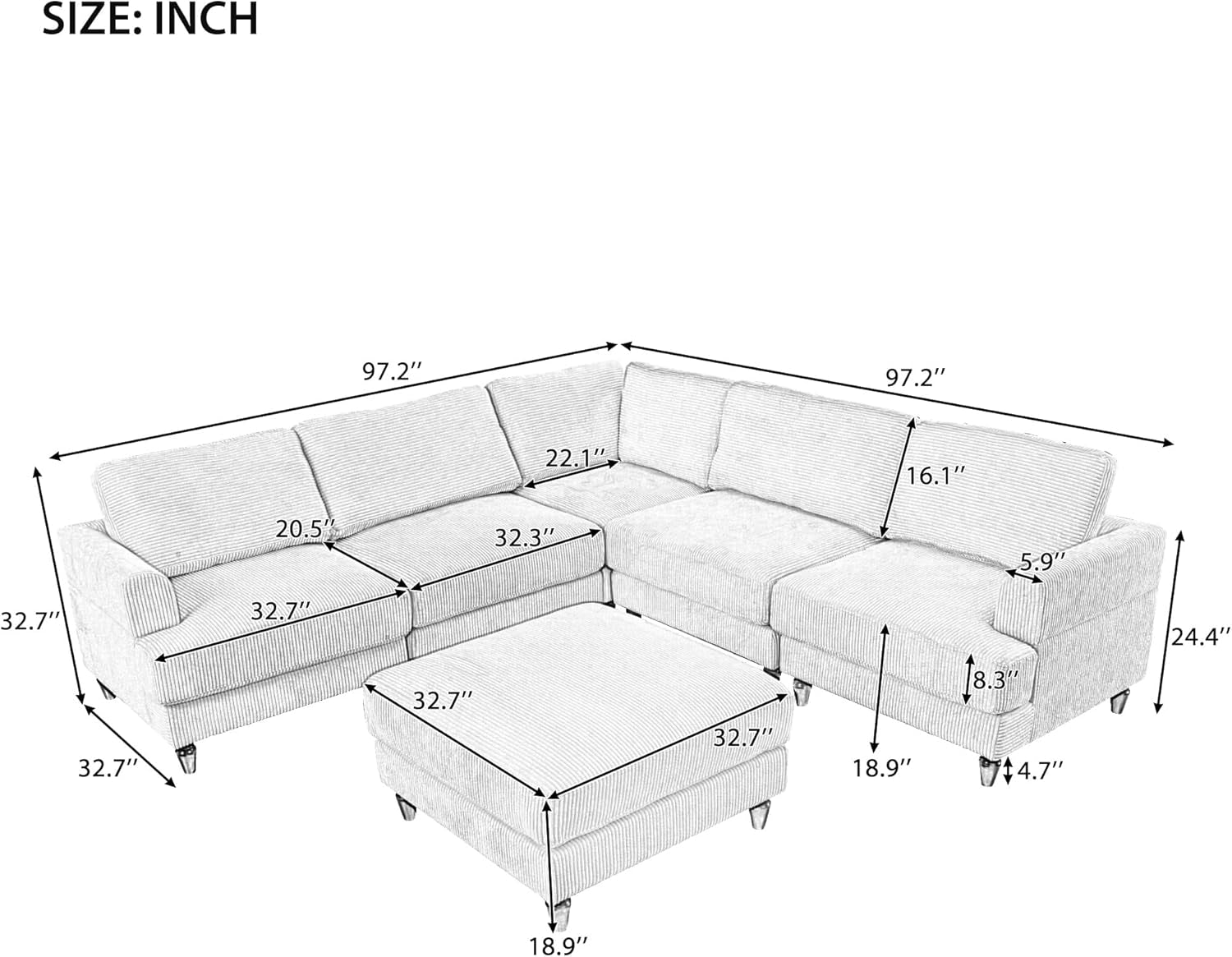 Deep Seat Convertible Modular Sectional Sofa Set, Free Combinational Corner Couch with Movable Ottoman, 6-Seater Corduroy Upholstery Comfy Sofa&Couches with Wooden Legs for Living Room-1