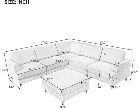 Deep Seat Convertible Modular Sectional Sofa Set, Free Combinational Corner Couch with Movable Ottoman, 6-Seater Corduroy Upholstery Comfy Sofa&Couches with Wooden Legs for Living Room-1