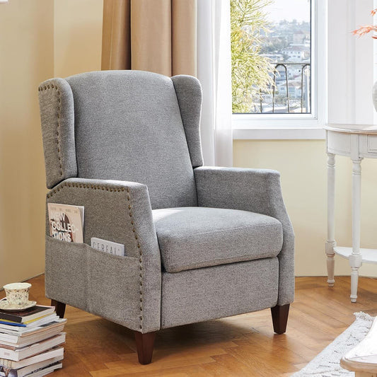 Wingback Pushback Recliner Chair with Storage Pocket, Upholstered Fabric Living Room Chair Armchair, Single Reclining Sofa with Wood Legs and Nailhead Trim for Home/Bedroom, Light Grey-0