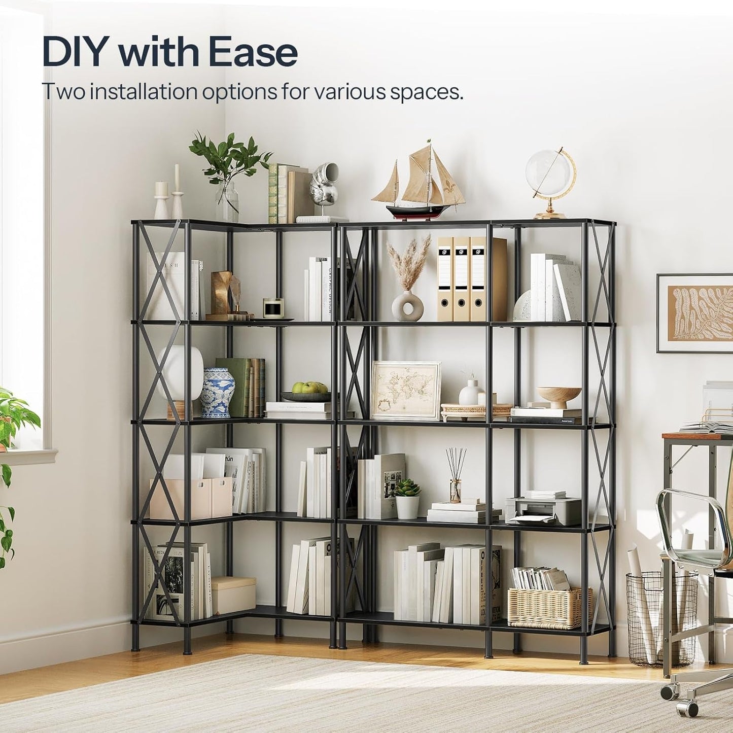 Corner Bookshelf, 5-Tier L-Shaped Bookcase, Industrial Open Display Shelf Tall Storage Organizer, Vertical Storage Rack, for Living Room, Home Office, Black BB60SJ01-3