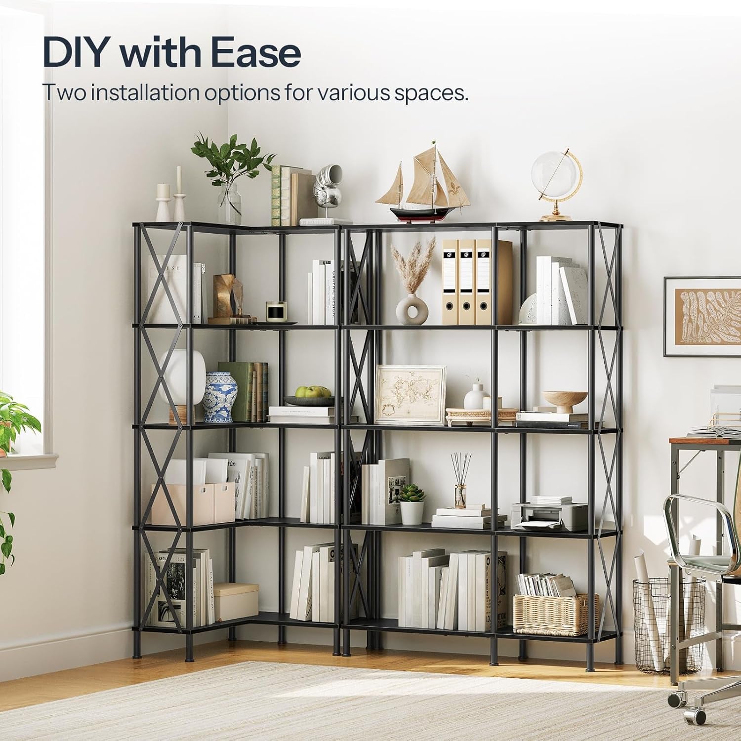 Corner Bookshelf, 5-Tier L-Shaped Bookcase, Industrial Open Display Shelf Tall Storage Organizer, Vertical Storage Rack, for Living Room, Home Office, Black BB60SJ01-3
