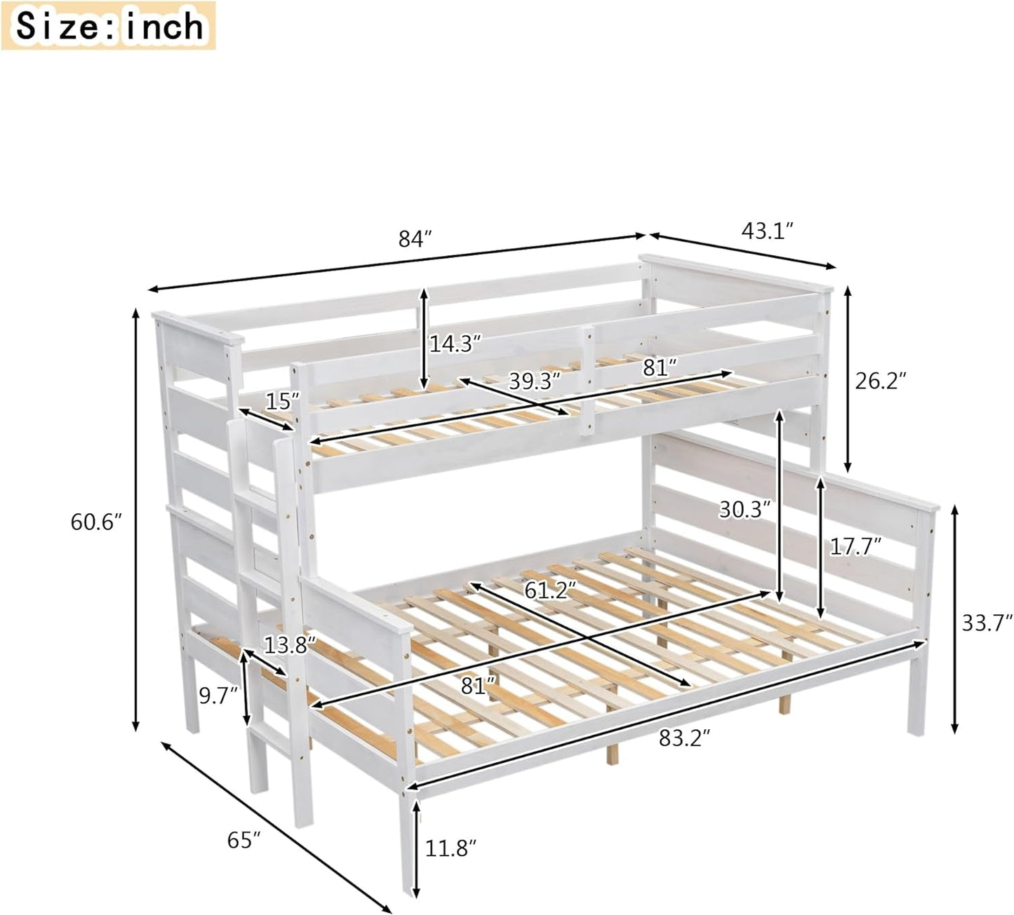 Solid Wood Twin XL over Queen Bunk Bed with Ladder and Slat Support,Bedroom Detachable Bed Frame W/Easy Assembly & No Box Spring Required,For Kid Adult Boy Girl Teen,White-1