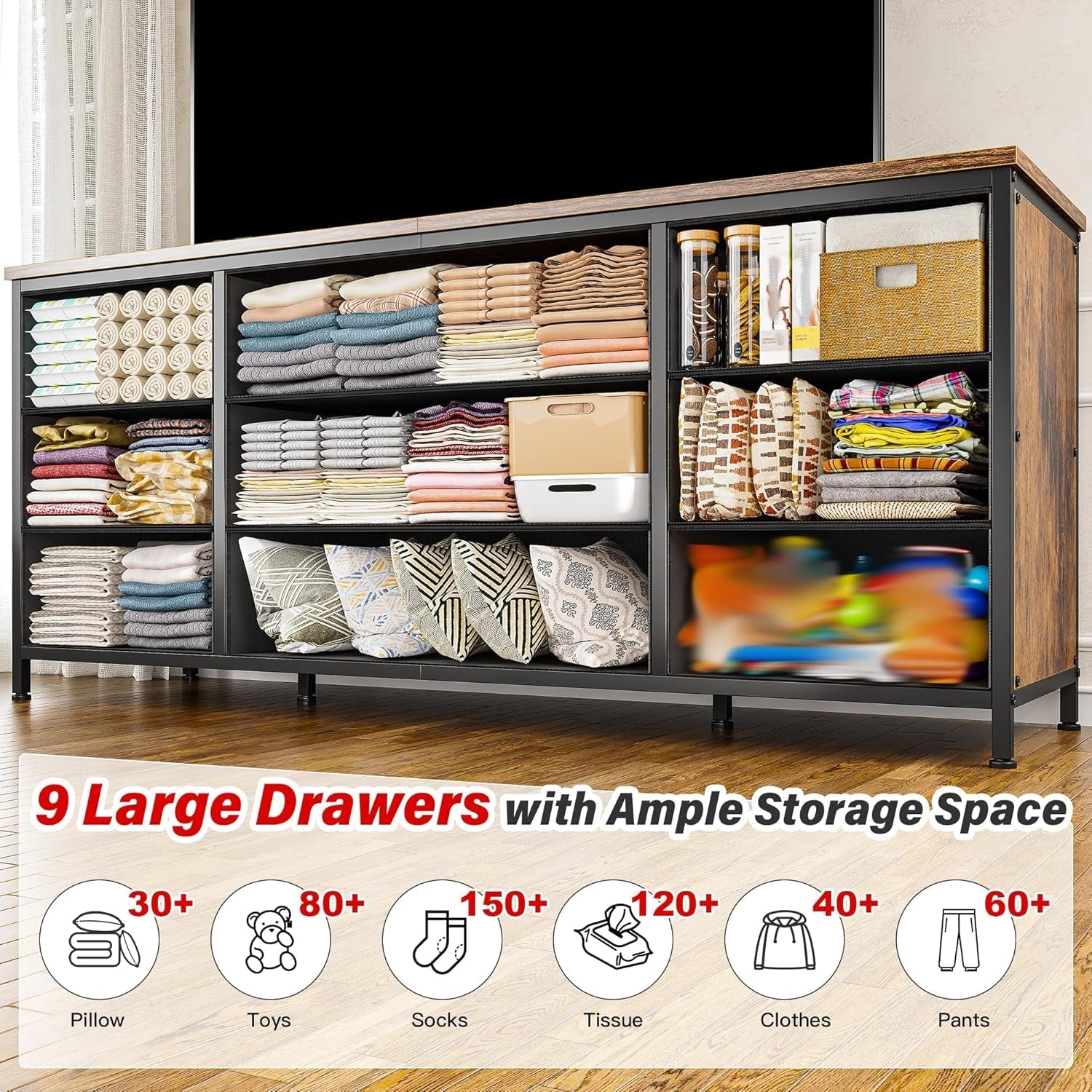 Dresser, Dresser for Bedroom with 9 Drawers, Wide Dresser TV Stand for 55” TV Stand for Bedroom Dresser Long Dressers & Chests of Drawers, Metal Frame&Wood Top, Closet, Hallway, Rustic Brown-3