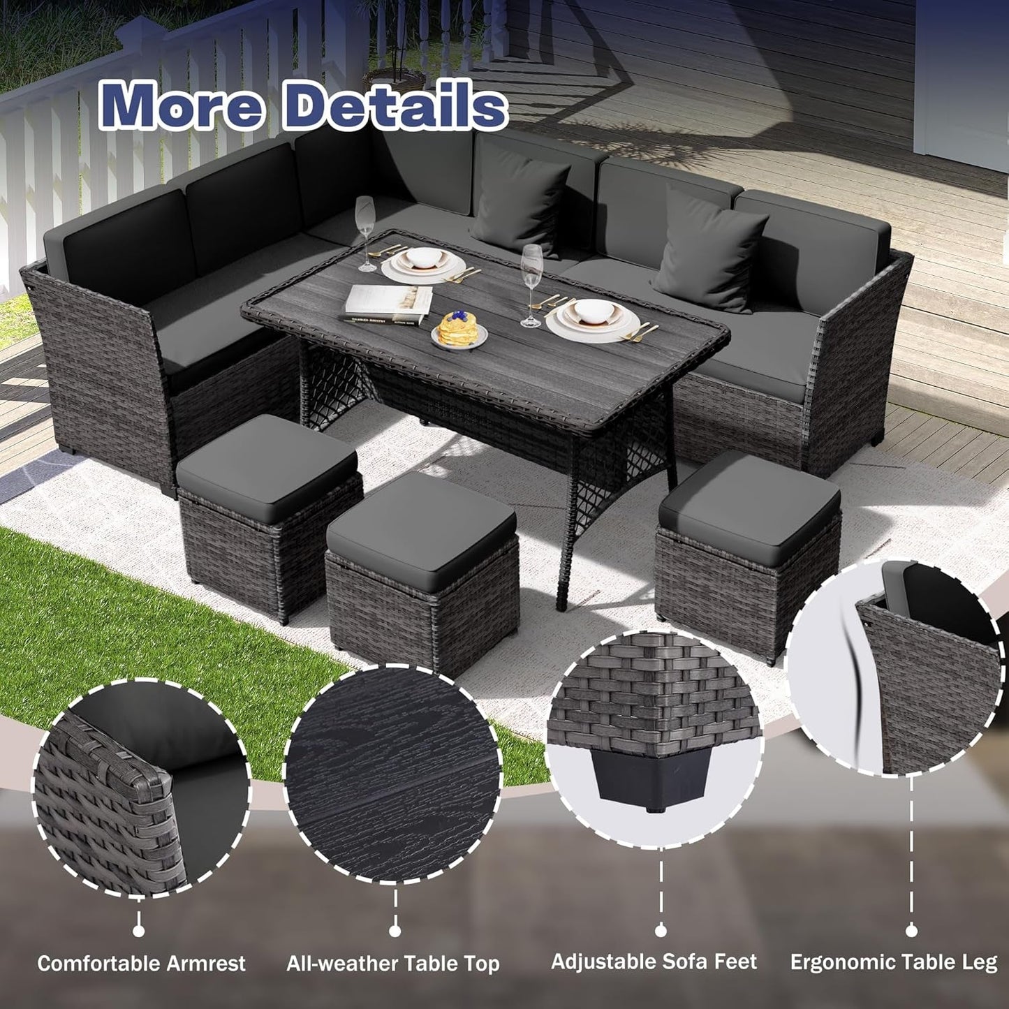 7 Pieces Patio Dining Sets, Patio Furniture Set, All Weather Wicker Conversation Set with Ottoman, Sectional Sofa with Dining Table and Chair (6227 Grey-Grey)-3