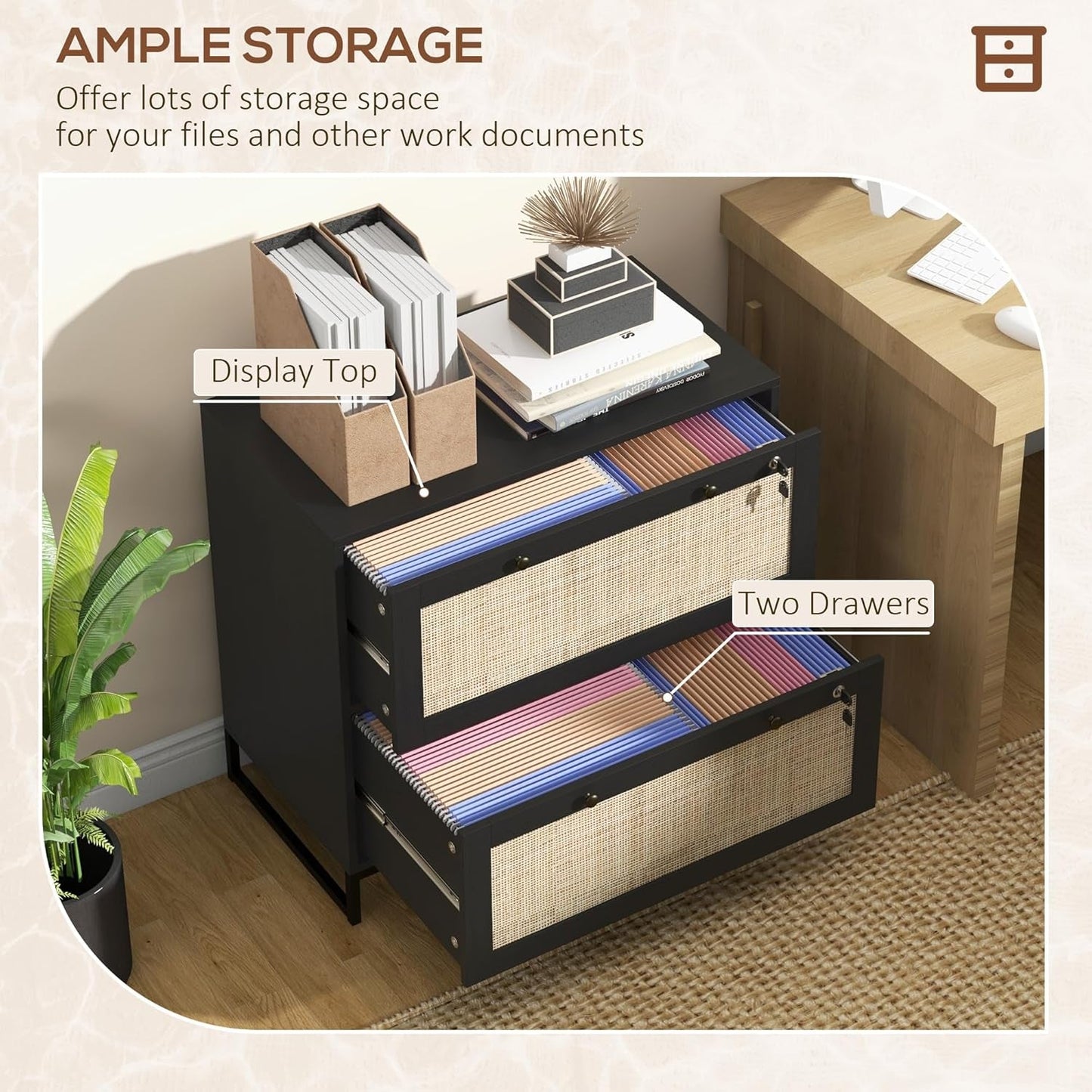 2 Rattan Drawer File Cabinet with Lock, Lateral Filing Cabinet with Adjustable Hanging Bar for Letter, A4 and Legal Size Files, Printer Stand for Home Office, Black-3