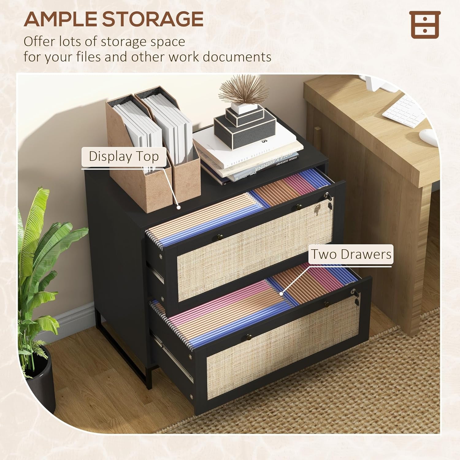 2 Rattan Drawer File Cabinet with Lock, Lateral Filing Cabinet with Adjustable Hanging Bar for Letter, A4 and Legal Size Files, Printer Stand for Home Office, Black-3