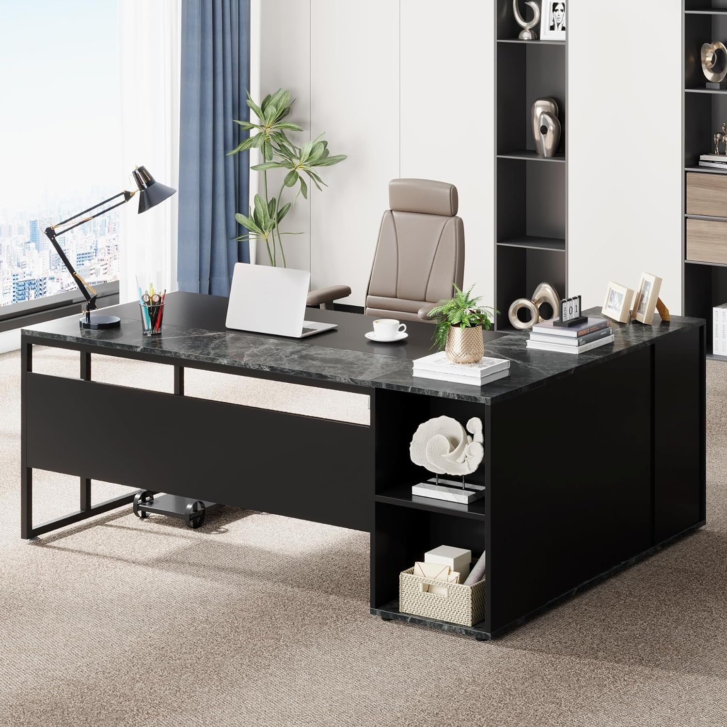 71 Inch Executive Desk, L Shaped Desk with Cabinet Storage, Executive Office Desk with Shelves, Business Furniture Desk Workstation for Home Office, Black-0