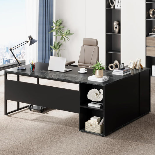 71 Inch Executive Desk, L Shaped Desk with Cabinet Storage, Executive Office Desk with Shelves, Business Furniture Desk Workstation for Home Office, Black-0