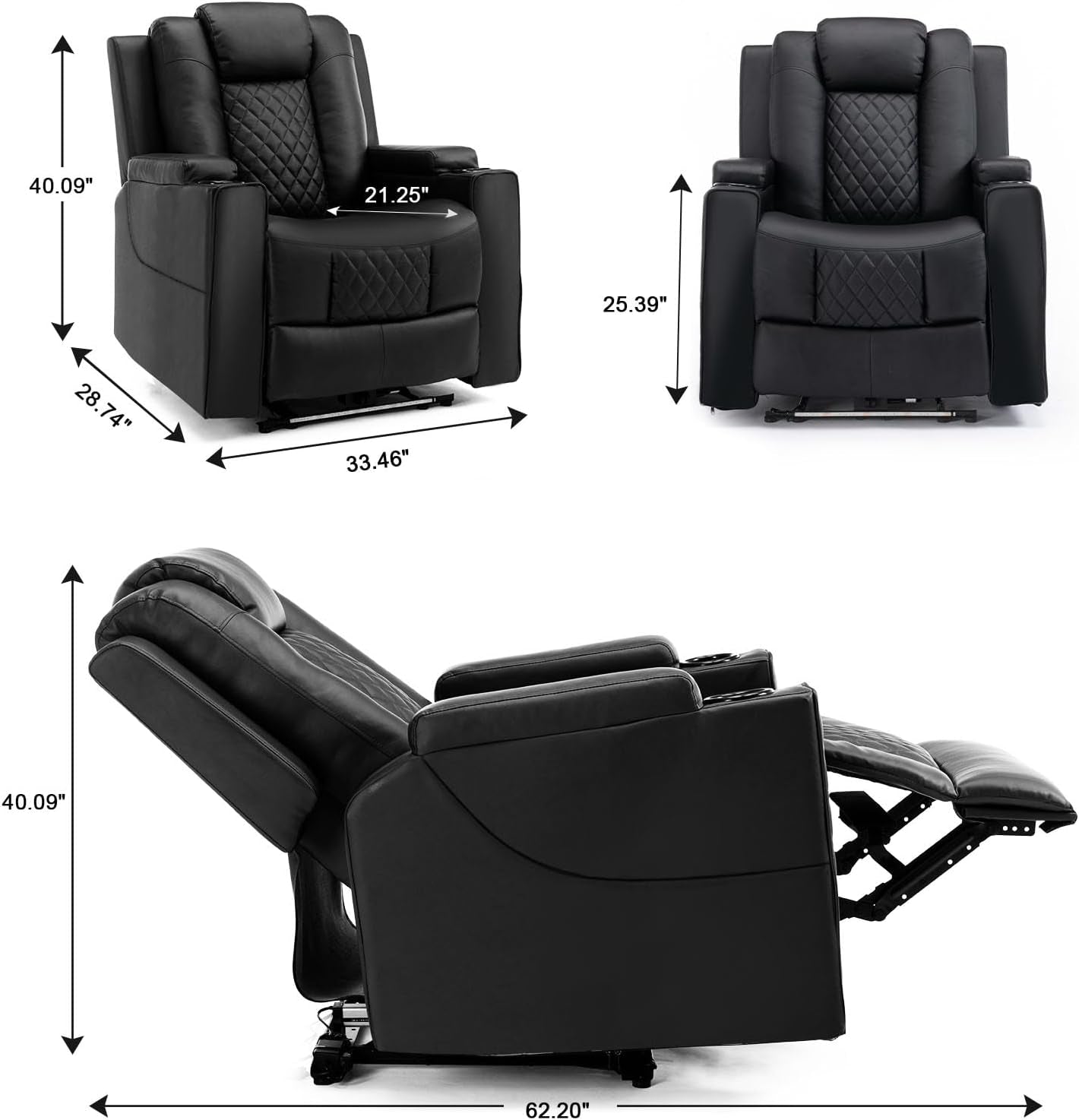 Power Recliner Chair PU Leather Electric Massage Recliner Sofa for Living Room Home Theater Seating with Cup Holders and LED Lighting (Black)-2