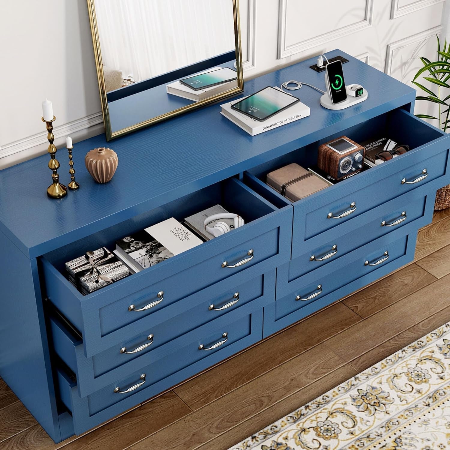 Drawers TV Stand for 65 Inches with Power Outlets -Chest of Drawers Dresser with Side Organizer Bag Entertainment Center TV Console, Blue-2