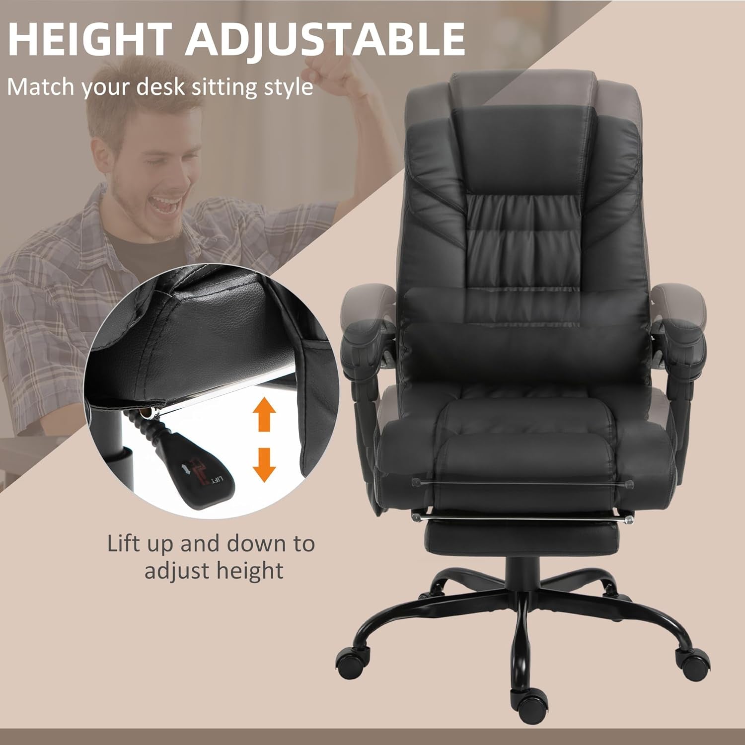 High Back Massage Office Chair with 6 Vibration Points, PU Leather Reclining Computer Chair, Ergonomic Desk Chair with Footrest Adjustable Height and Remote, Black-3