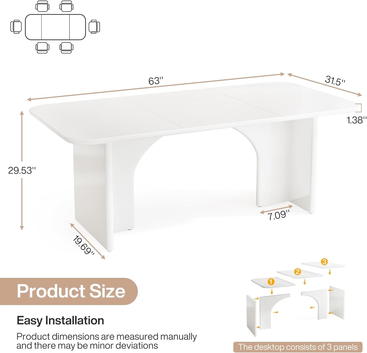 Modern Dining Table for 4-6 People, 62.99" Large Rectangle Kitchen Table with Arch Design Legs, Glossy White Dinner Table Kitchen & Dining Room Furniture-1