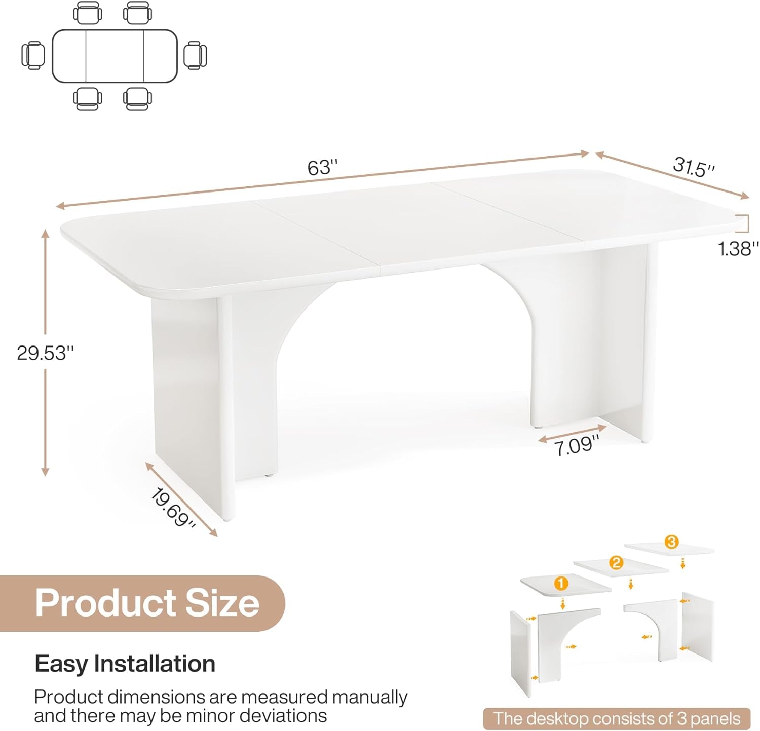 Modern Dining Table for 4-6 People, 62.99" Large Rectangle Kitchen Table with Arch Design Legs, Glossy White Dinner Table Kitchen & Dining Room Furniture-1