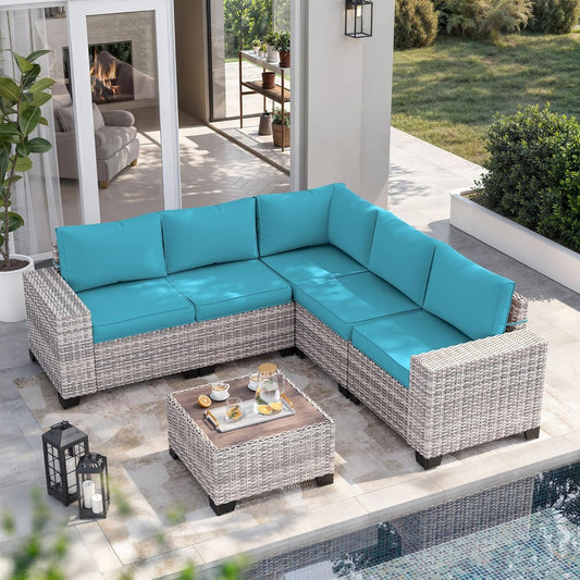6-Piece Outdoor Patio Furniture Set Wicker Sectional Sofa Set, Patio Conversation Set with Thickened Cushions & Coffee Table for Garden, Backyard, Poolside, Turquoise-0