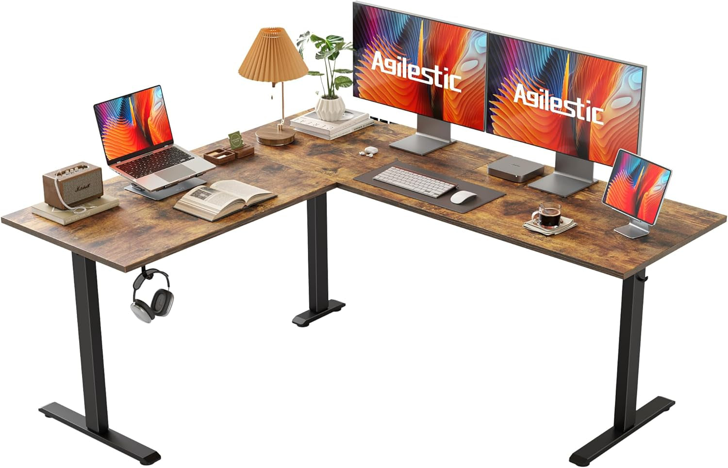 L Shaped Standing Desk Adjustable Height, Electric Corner Standing Desk, 63 X 55 Inch Sit Stand Computer Table with Splice Board, Rustic Brown-0