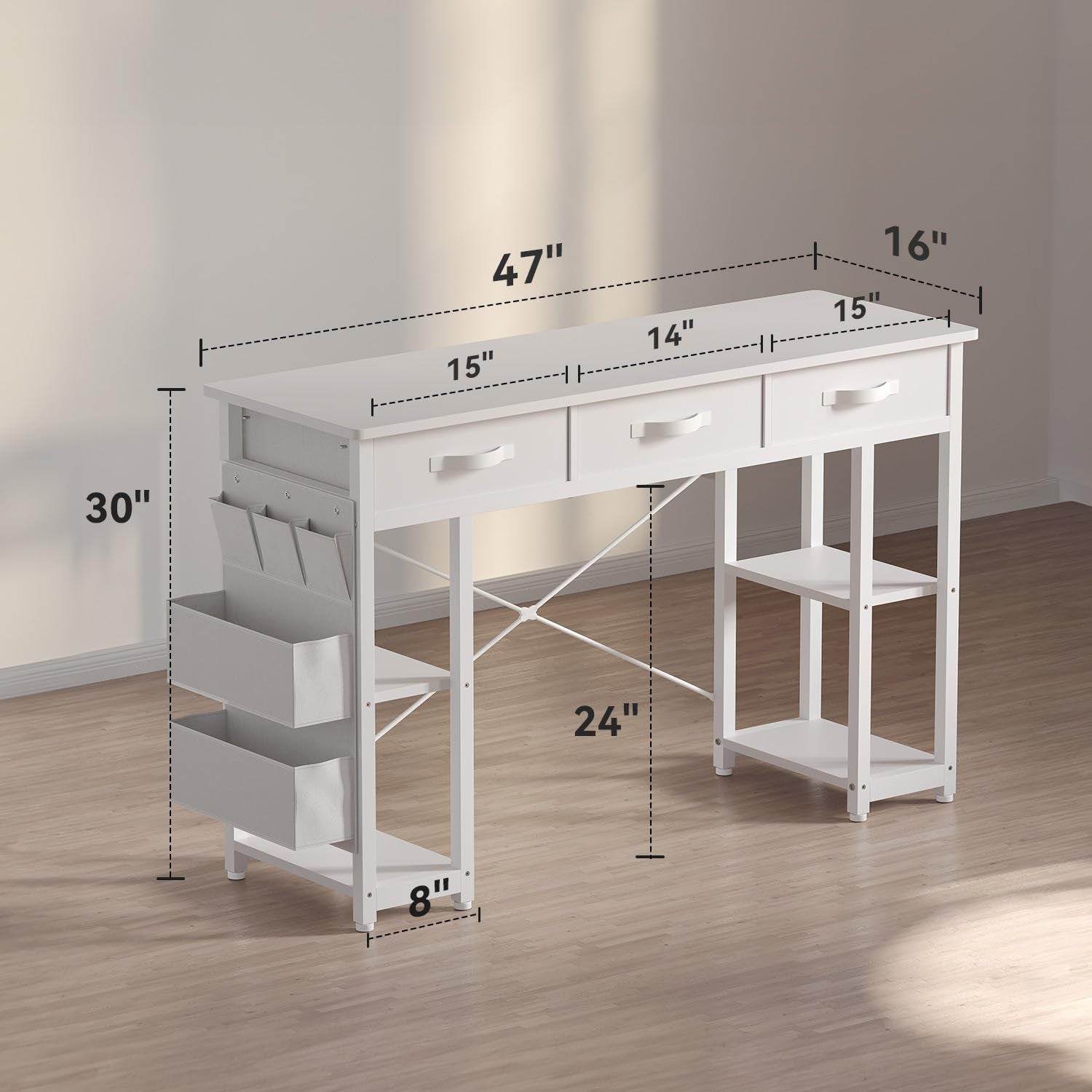 White Vanity Desk, Computer and Study Desk with Fabric Drawers & Side Storage Bag, No Mirror. Makeup Vanity Table, Home Office Desk, Modern Writing Desk, 48"X16".-2