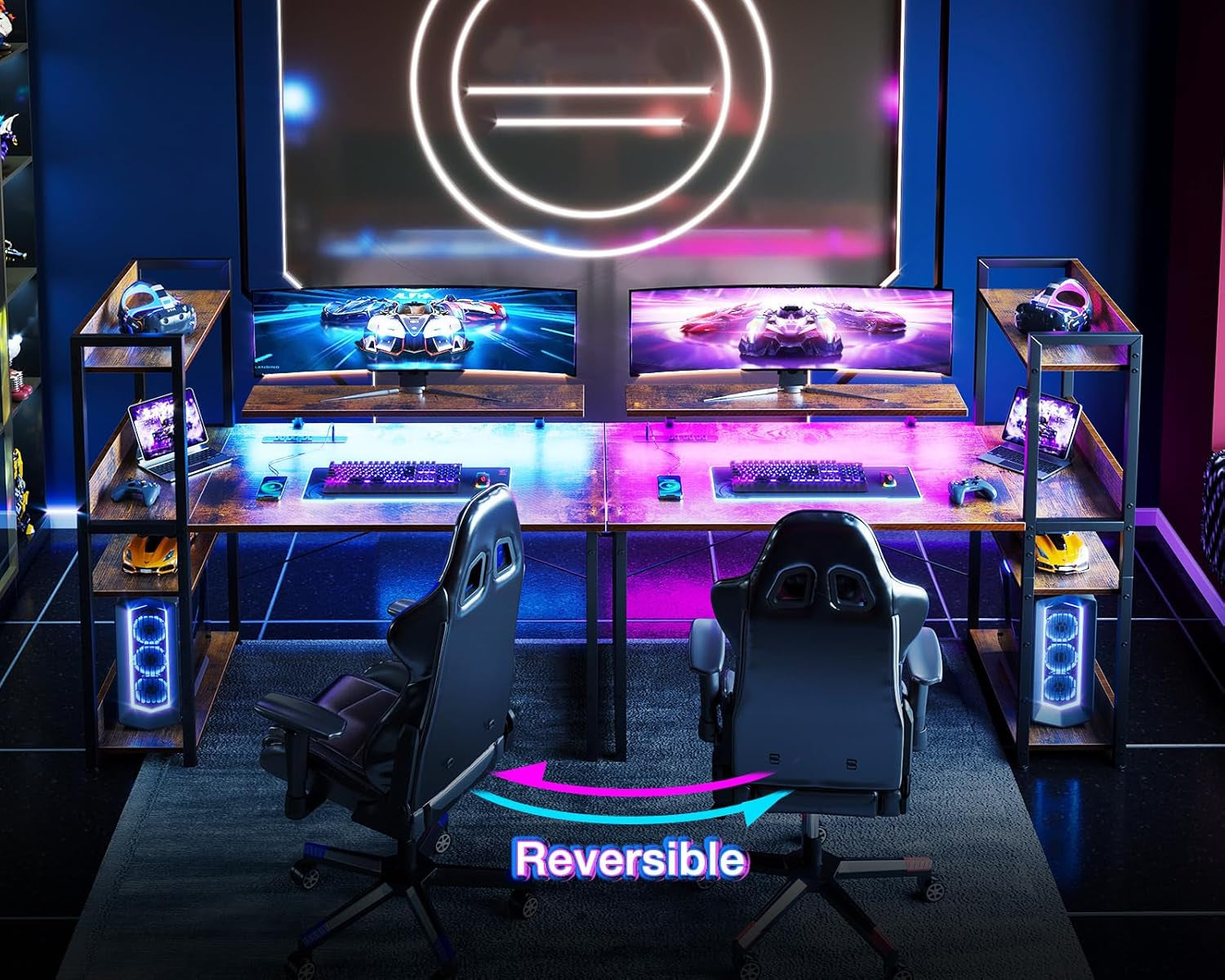 Reversible Gaming Desk with USB Charging Port and LED Lights, 40 Inch Computer Desk with Storage Shelves & Monitor Stand, Writing Study Table for Home Office, Small Space Bedroom, Rustic Brown-3