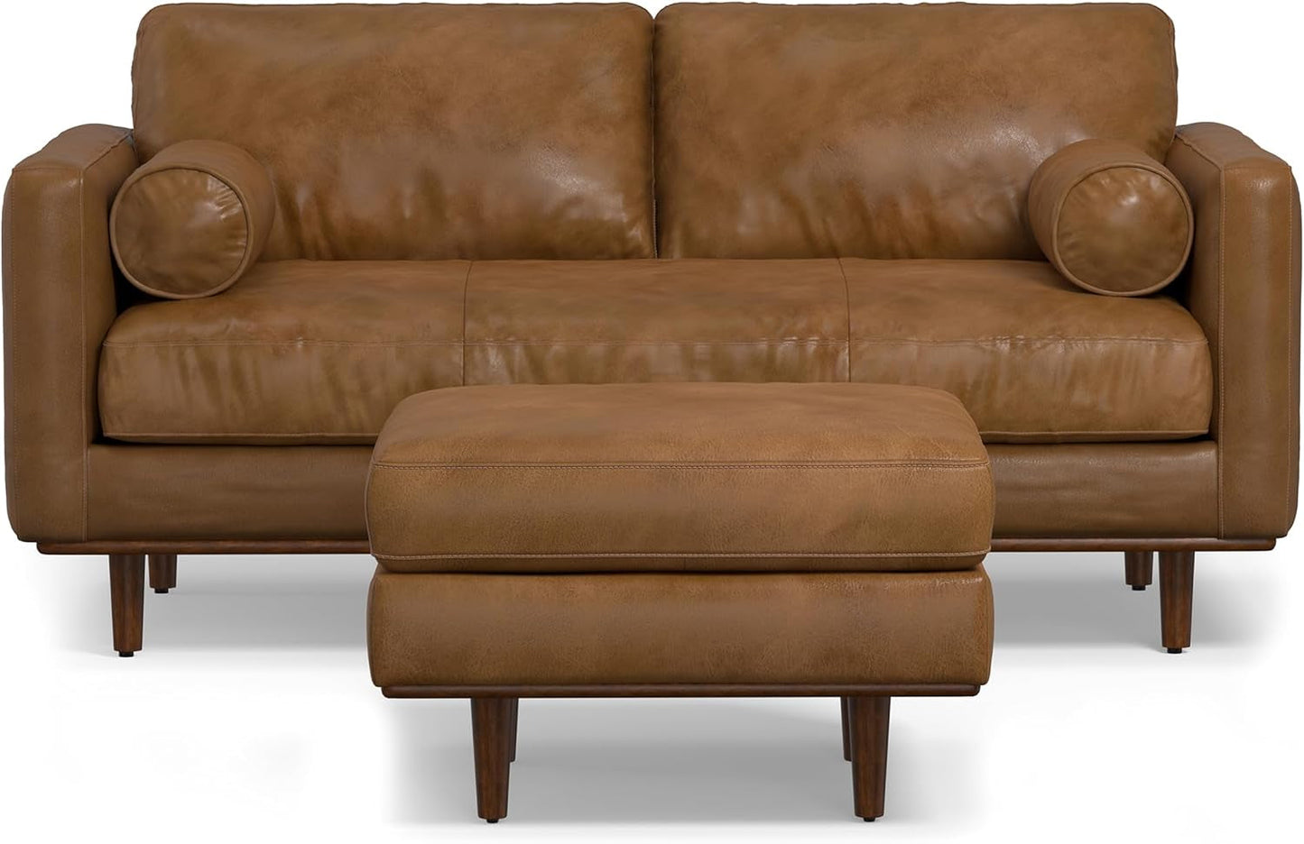 Morrison Mid-Century Modern 72 Inch Wide Sofa with Ottoman Set in Caramel Brown Genuine Leather for the Living Room and Family Room-3
