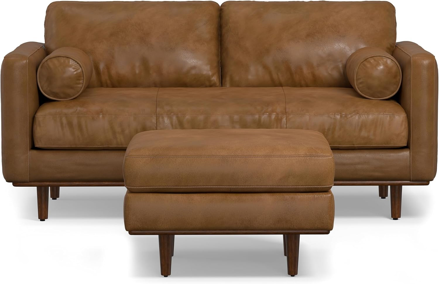 Morrison Mid-Century Modern 72 Inch Wide Sofa with Ottoman Set in Caramel Brown Genuine Leather for the Living Room and Family Room-3