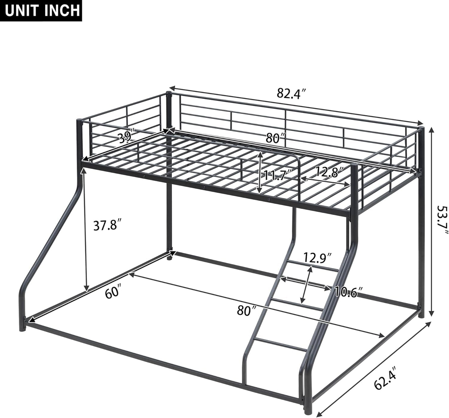 Twin over Queen Bunk Bed, Floor Bunk Bed, Heavy Duty Metal Bunk Bed Frame, Queen Bunk Bed for Adults, Adult Bunk Beds Heavy Duty, Twin XL Bunk Bed, Black-1