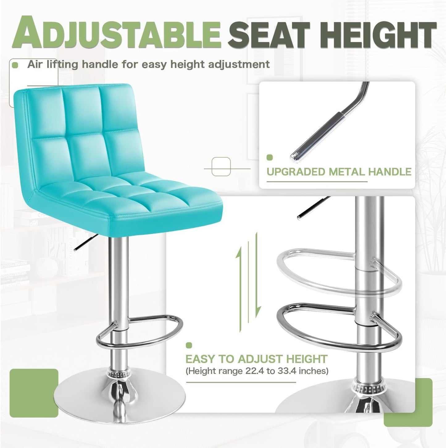 Bar Stools Modern Pu Leather Swivel Adjustable Hydraulic Bar Stool Square Counter Height Stool Set of 2 (Blue)-3