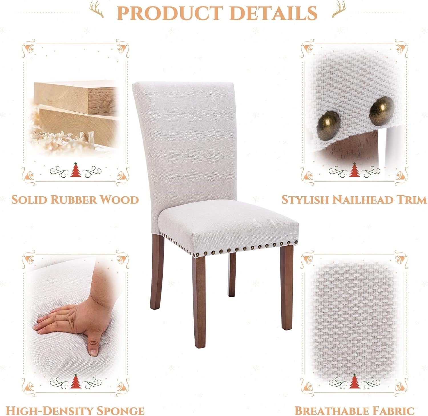 Parsons Dining Chairs Set of 4, Upholstered Nailhead Dining Room Kitchen Side Chair with Thick Cushions and Wood Legs, Beige-4