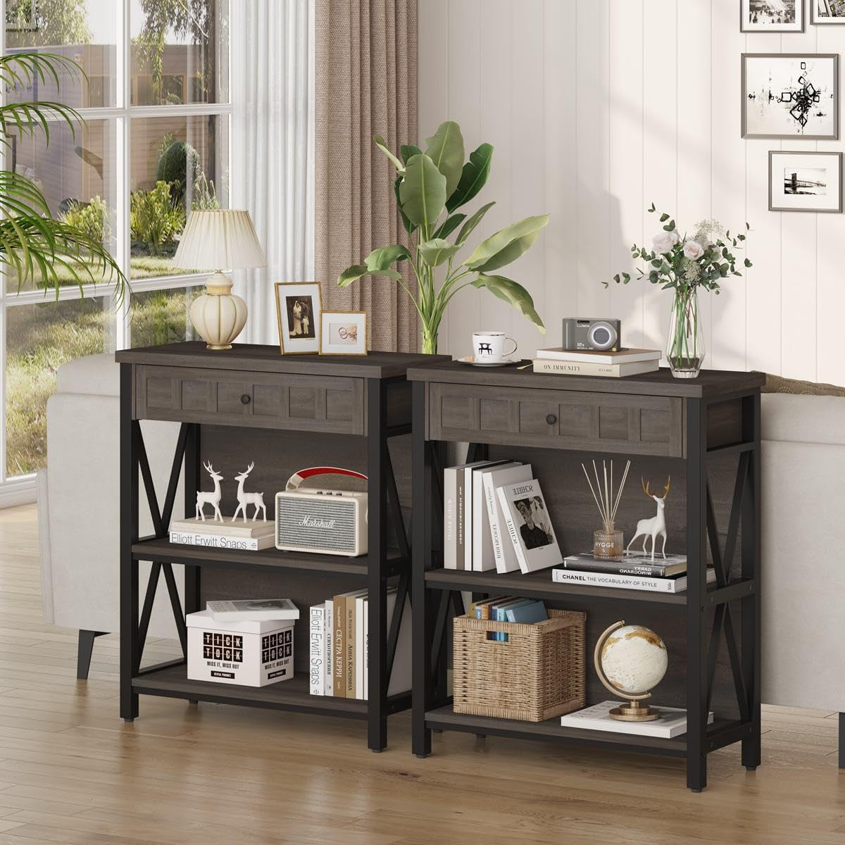 Rustic Bookshelf with Drawer, Industrial Wood and Metal Bookcase, Small Book Shelf and Low Book Case for Small Space (Walnut Brown)-4