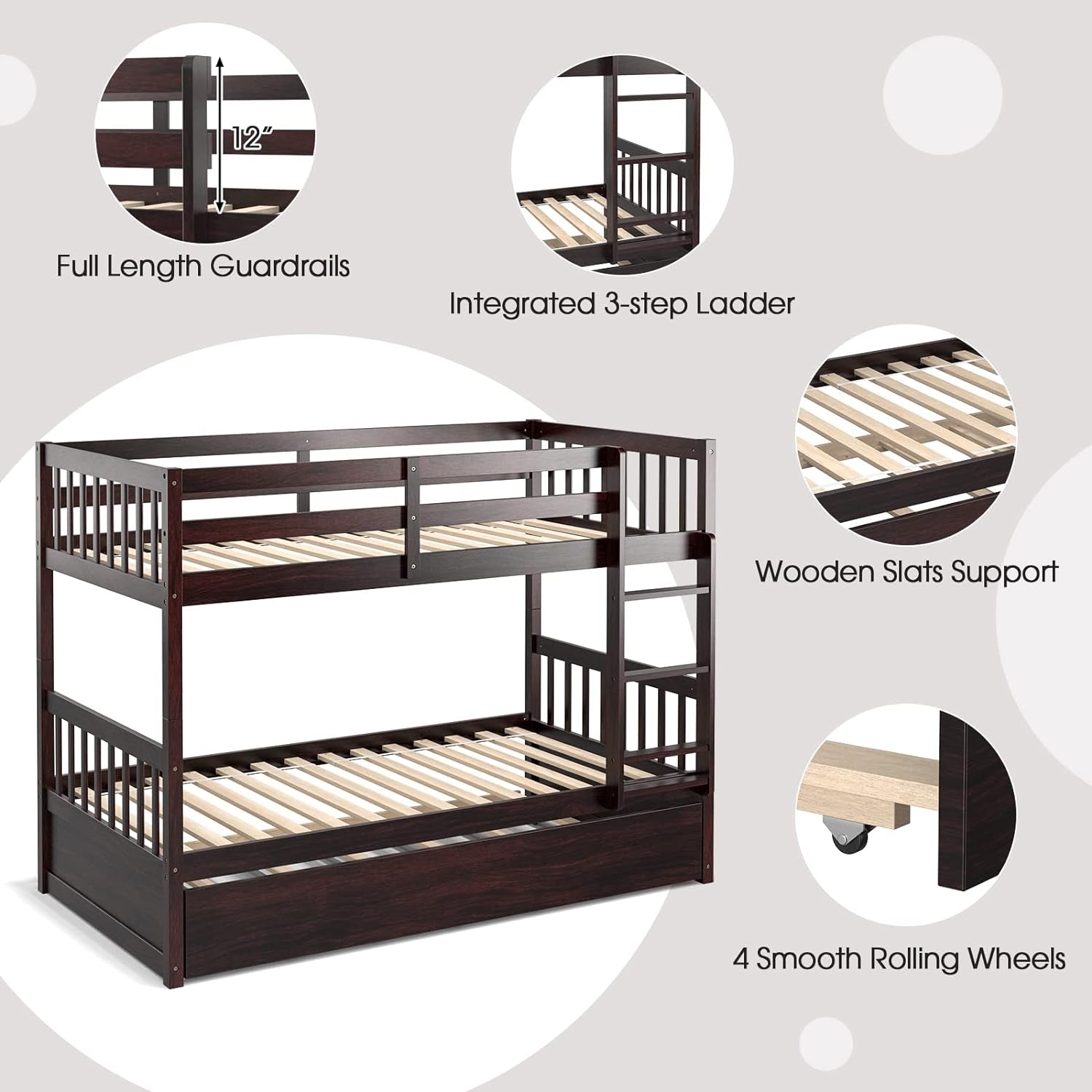 Twin over Twin Bunk Bed with Trundle, Convertible Platform Bed Frame with Ladder & Solid Wood Frame, Space-Saving Bunk Bed for Teens & Adults, No Box Spring Needed, Espresso-3