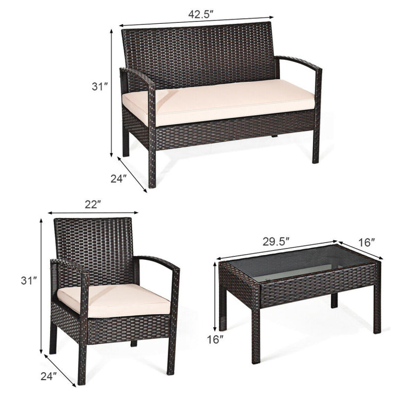 4 Pieces Patio Rattan Conversation Set with Loveseat Sofas and Coffee Table-3