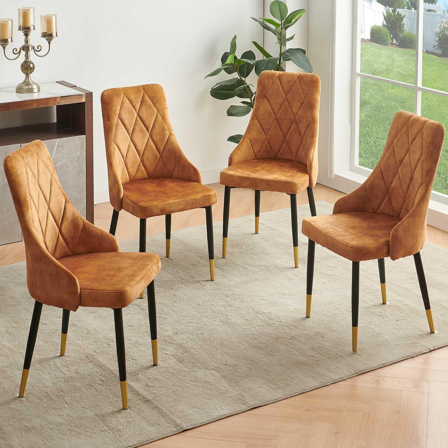 Upholstered Velvet Dining Chair Set of 4, Mustard Armless Side Chair with Metal Legs for Home Kitchen-0