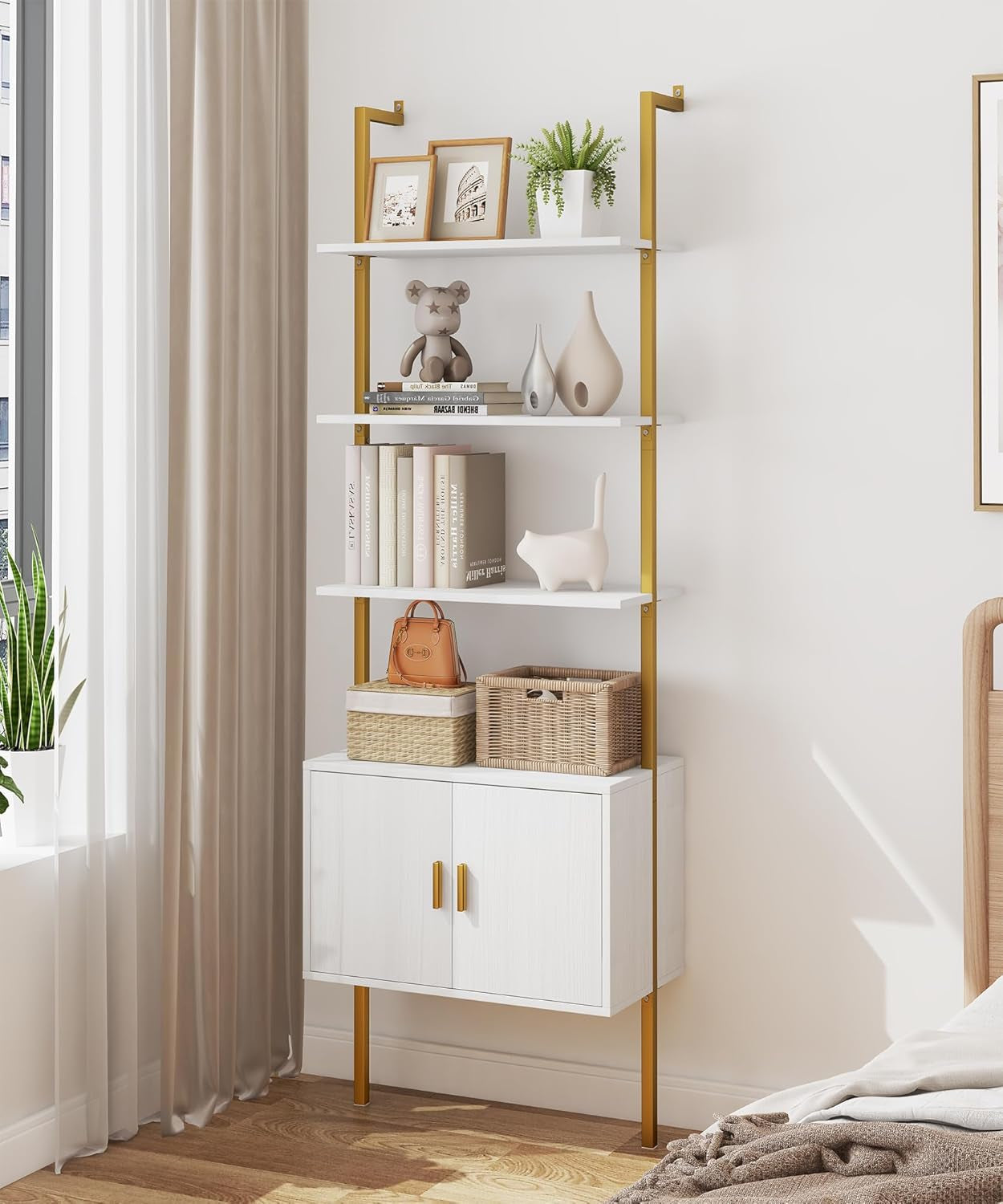 73" Tall Bookshelf with Cabinet, Industrial Ladder Wall Mount Shelf Bookcase with Wood and Metal Frame, Plant Shelf Wall Storage Display for Living Room Bedroom, White Gold-2