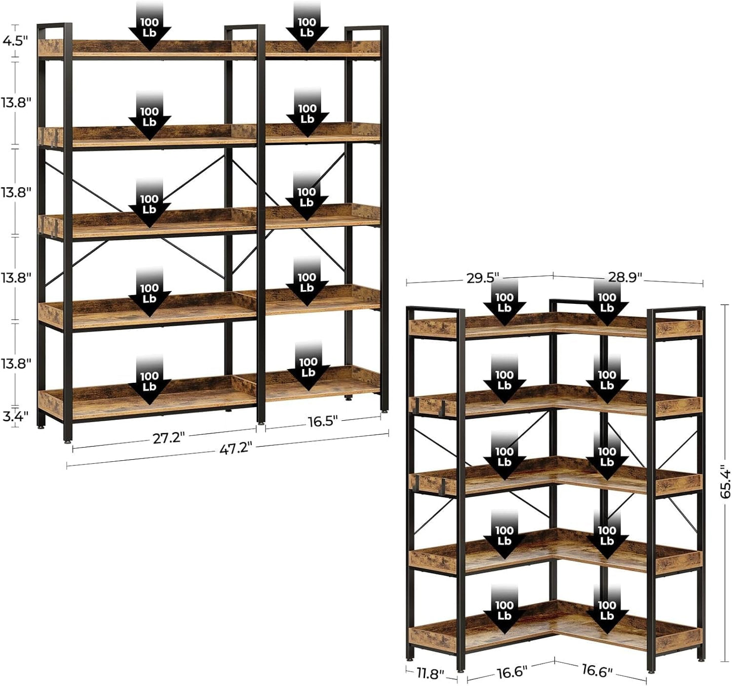 5 Tier Corner Bookshelf with Hooks Rustic Industrial-3