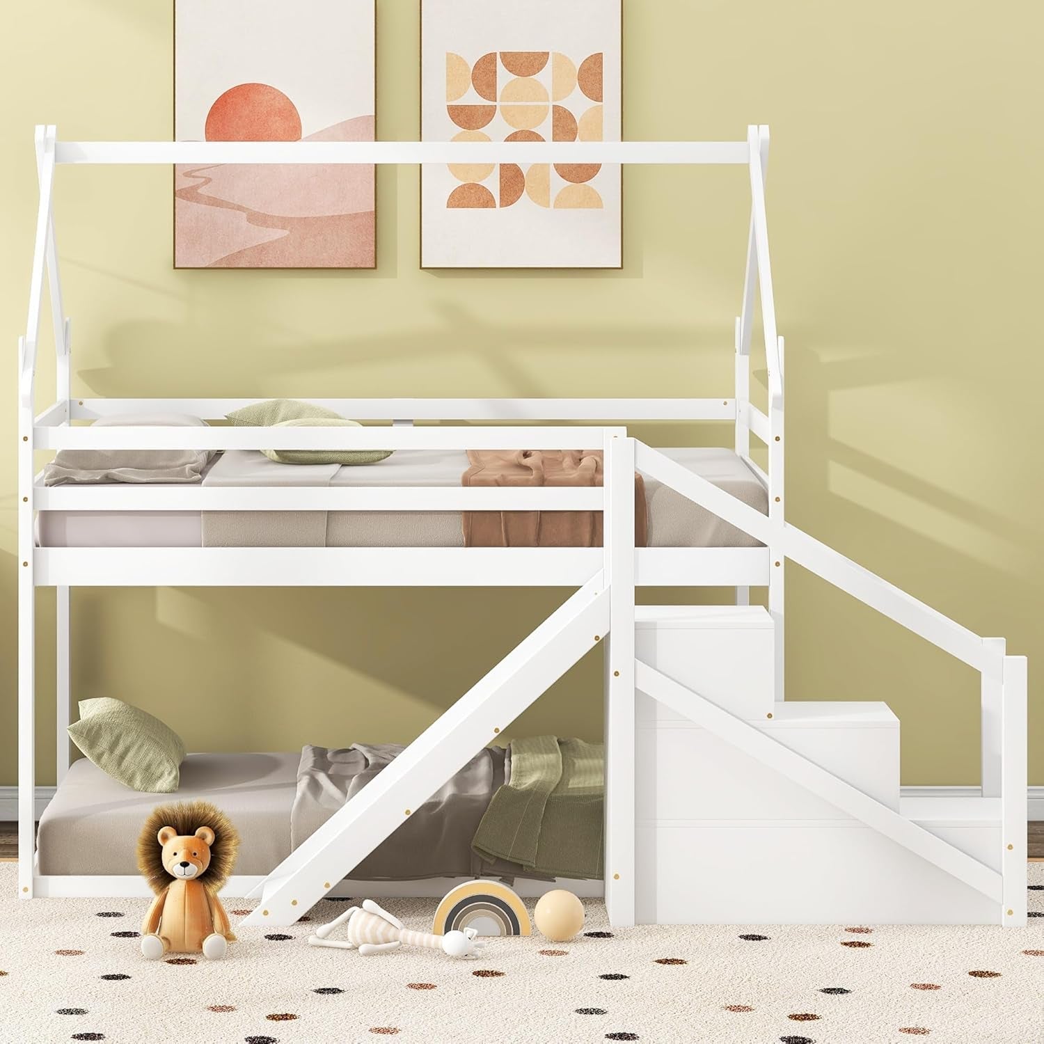 House Shaped Junior Bunk Bed Frame Twin over Twin with Slide and Storage Stairs, Wood Low Bunkbed with Full-Length Guardrails and Roof Design for Teens, Boys, Girls, No Box Spring Needed, White-3